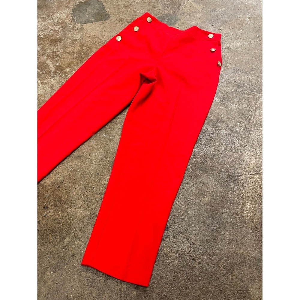 Zara Tailored Pants Womens L Red Stretch Elastic Waist Button Details Straight - Picture 3 of 16